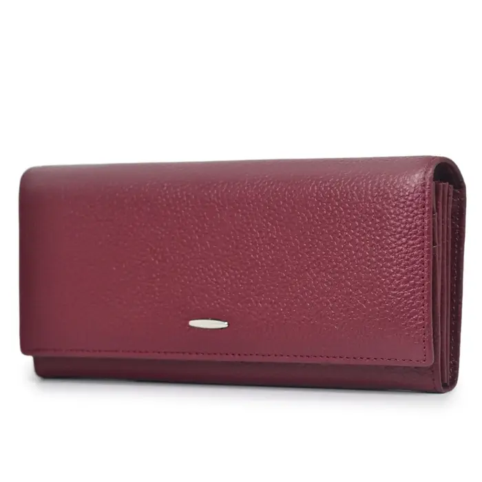 Portefeuille de luxe en cuir rouge vin pour femme – Slim Long à deux volets avec 8 emplacements pour