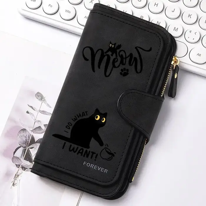 Portefeuille long pour femme Black Cat avec plusieurs emplacements pour cartes, une poche à monnaie