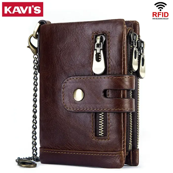 KAVIS portefeuille en cuir de vachette véritable avec poche pour pièces de monnaie pour hommes porte-carte d'argent court Double fermeture éclair mâle à deux volets RFID