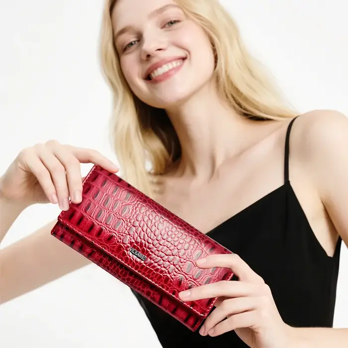 Long portefeuille à pression magnétique pour femmes en cuir véritable mode Alligator fermeture éclair moraillon femme