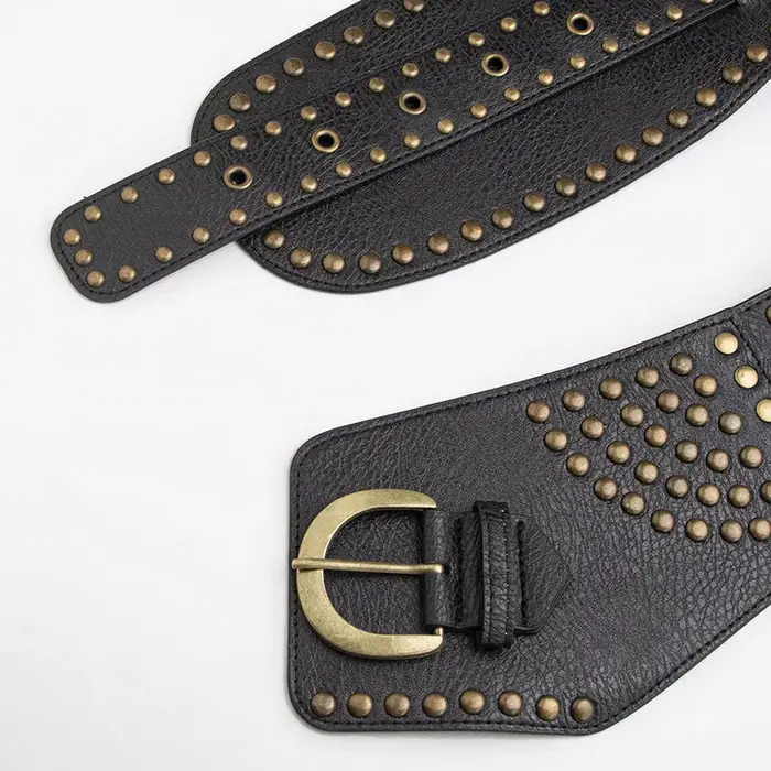 Ceinture large pour femme avec rivets rétro haut de gamme en bronze dans un style Wasteland