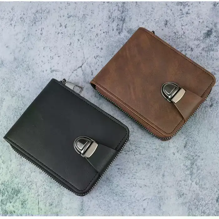 Portefeuille rétro en cuir PU à double pliage, boucle métallique de sécurité anti-perte, emplacements pour plusieurs cartes, pour les déplacements quotidiens et les voyages