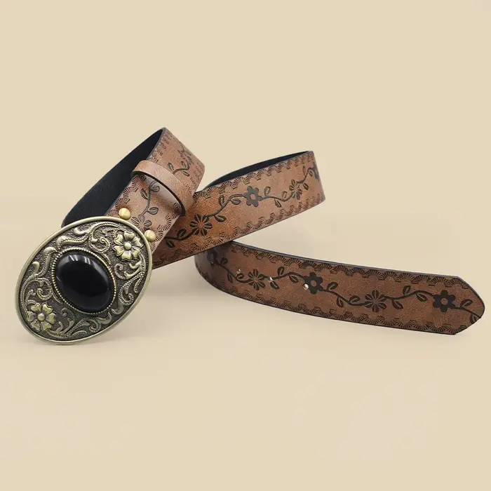 Ceinture pour femmes incrustée de Turquoise noir de Style Court rétro, Style Denim occidental, ceinture pour femmes de Niche, ceinture en pierres précieuses noires sculptées