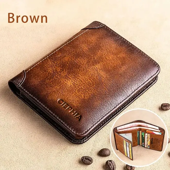 Portefeuille pour homme en cuir PU durable, vintage, avec blocage RFID, portefeuille à trois volets,