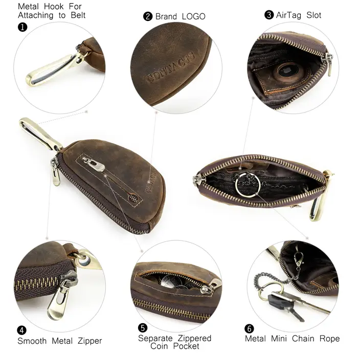 Porte-clés en cuir véritable rétro pour homme, étui Airtag anti-perte, porte-clés pour homme, étui à fermeture éclair, HTML, 007 Keeper