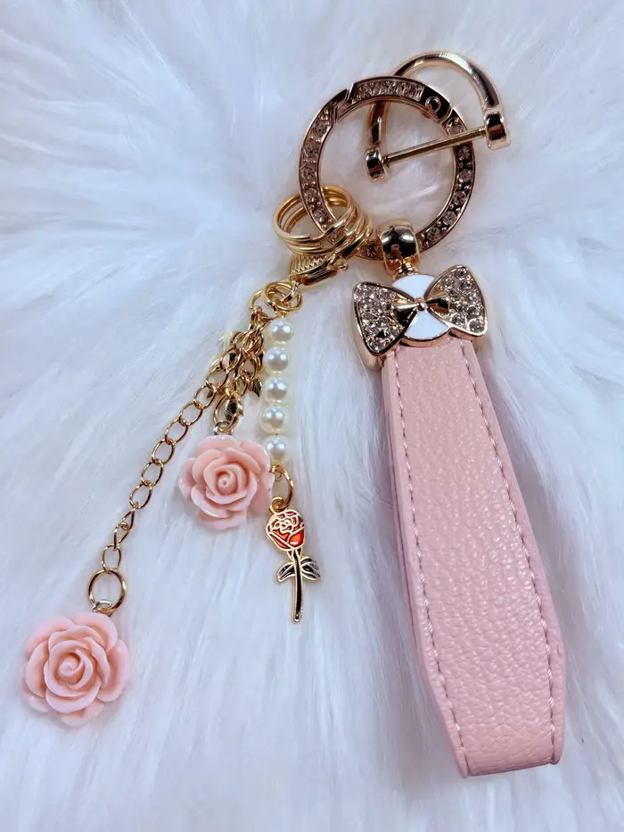 Porte-clés de luxe avec nœud et fleur, accessoire de clé de voiture en cristal élégant, cuir PU Dura