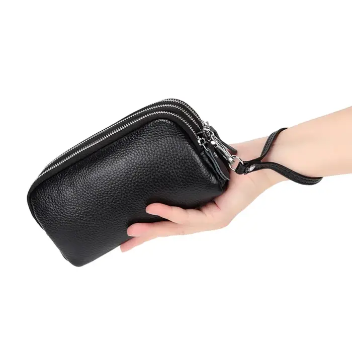 Femmes Long portefeuille en cuir véritable 3 couches fermeture éclair sac à main grande capacité bracelet pochette