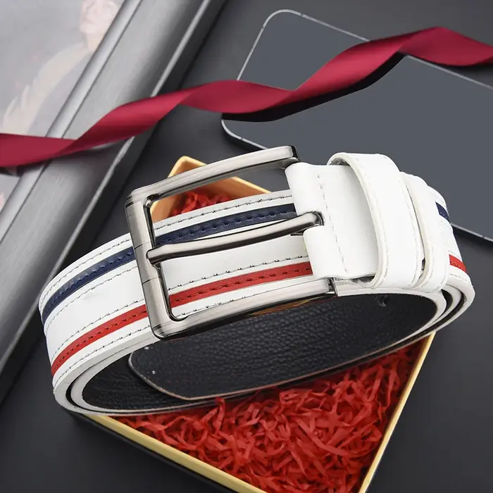 Ceinture en similicuir rayée pour homme, qualité supérieure, design à boucle à ardillon, parfaite pour les tenues décontractées et semi-formelles