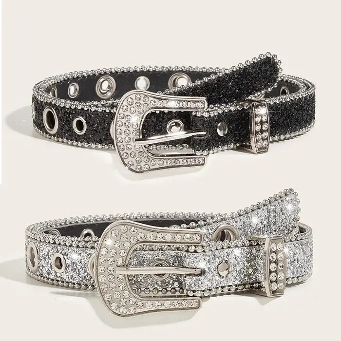 Ceinture gothique noire argentée avec boucle en métal et strass, design de luxe quatre saisons Y2K pour femmes et hommes, grande taille