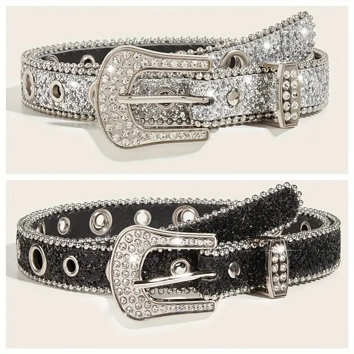 Ceinture scintillante en cuir PU pour femmes, imprimé solide, cloutée en cristal, tendance Y2K, régl