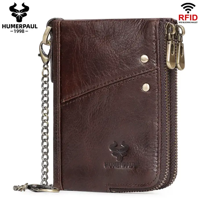 HUMERPAUL classique portefeuille pour hommes femmes en cuir véritable multi fente cartes de crédit étui sac à main antivol mâle chaîne Portomonee
