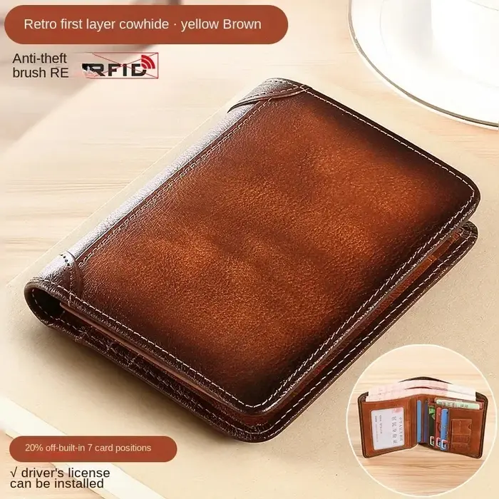 Hommes portefeuille en cuir véritable Rfid blocage à trois volets portefeuille Vintage mince court M