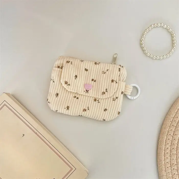 Porte-monnaie en velours côtelé imprimé avec fermeture éclair et porte-clés, petit portefeuille mignon pour enfants, porte-cartes de crédit avec fermeture éclair, porte-carte d'identité, sac à cartes