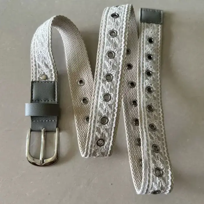 Ceinture en toile vintage avec dentelle pour femme, boucle métallique tendance, ceinture décorative,