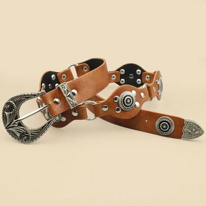 Ceinture femme vintage bohème marron – Design rivets sculptés