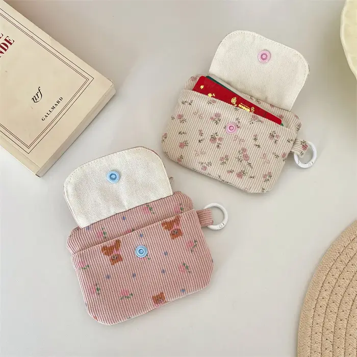 Sac à cartes imprimé en velours côtelé, porte-monnaie à fermeture éclair avec porte-clés, mignon pour enfants, petit portefeuille à fermeture éclair, porte-carte de crédit, sac d'identité