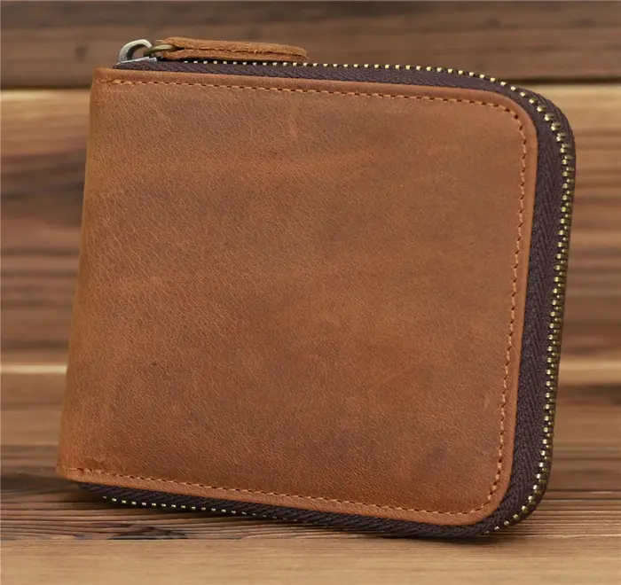 Portefeuille en cuir véritable à fermeture éclair pour hommes