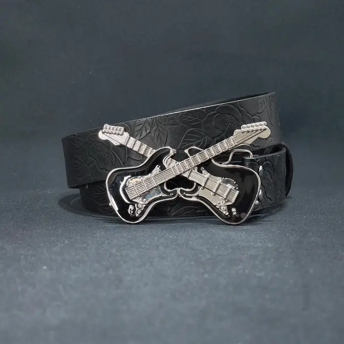 Rock Style guitare grande boucle en cuir PU ceinture en relief pour femmes personnalisé décontracté hommes
