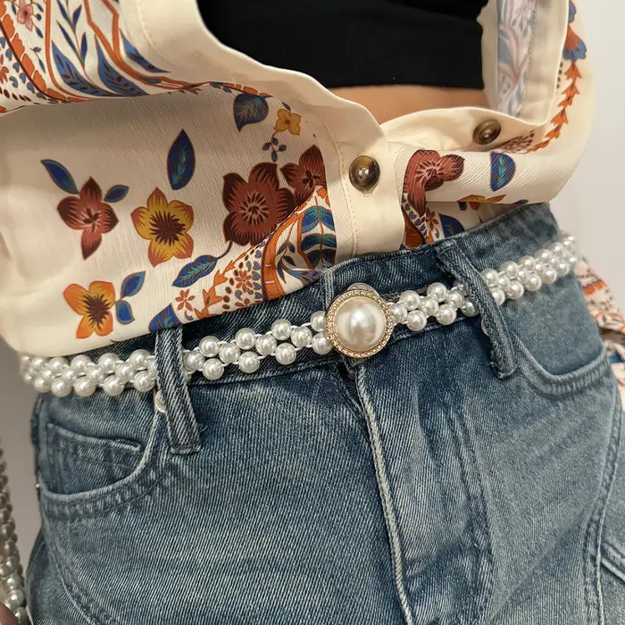 Ceinture élastique élégante pour femme avec incrustation d'agate et fausses perles