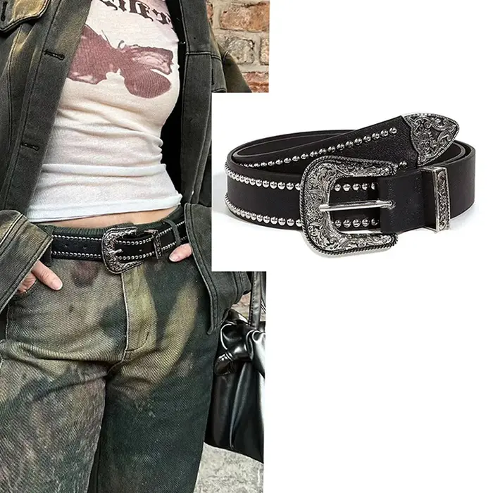 Ceinture en cuir noire réglable pour femme, style punk goth rock sauvage, avec rivets creux décorati