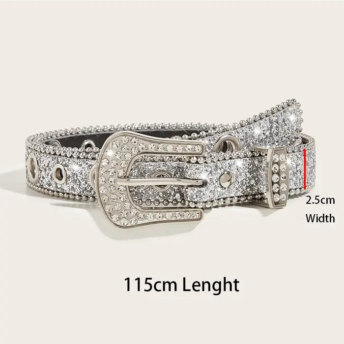Ceinture gothique noire argentée avec boucle en métal et strass, design de luxe quatre saisons Y2K pour femmes et hommes, grande taille