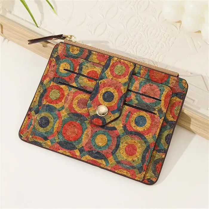 ISKYBOB Vintage imprimé liège court portefeuille pour hommes femmes Grain de bois multi-fonctionnel porte-carte Portable fermeture éclair porte-monnaie