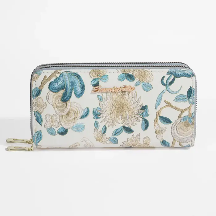 Portefeuille long vintage à broderie florale pour femme
