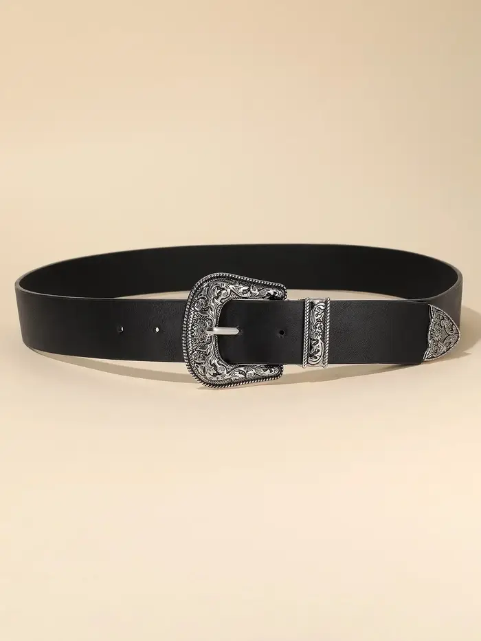 Ceinture en cuir noir à boucle florale argentée vintage pour femme