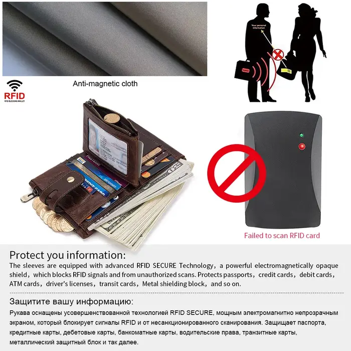 HUMERPAUL hommes portefeuille à deux volets avec 2 compacts de facture peau de vache RFID mâle porte-carte d'argent sac à main court Double fermeture éclair poches pour pièces de monnaie