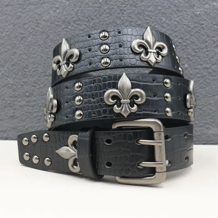 Ceinture à boucle double aiguille avec motif crocodile noir épais