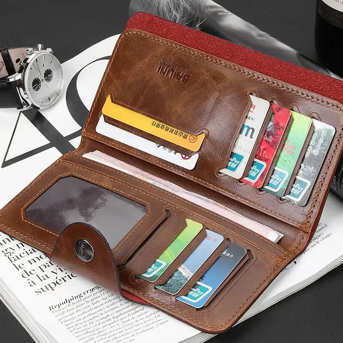 Portefeuille à trois volets en cuir pour hommes – Pochette à boucle magnétique avec porte-carte et porte-monnaie