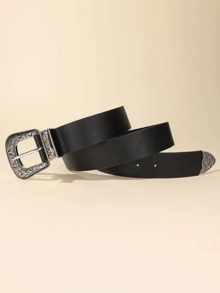 Ceinture en cuir noir à boucle florale argentée vintage pour femme