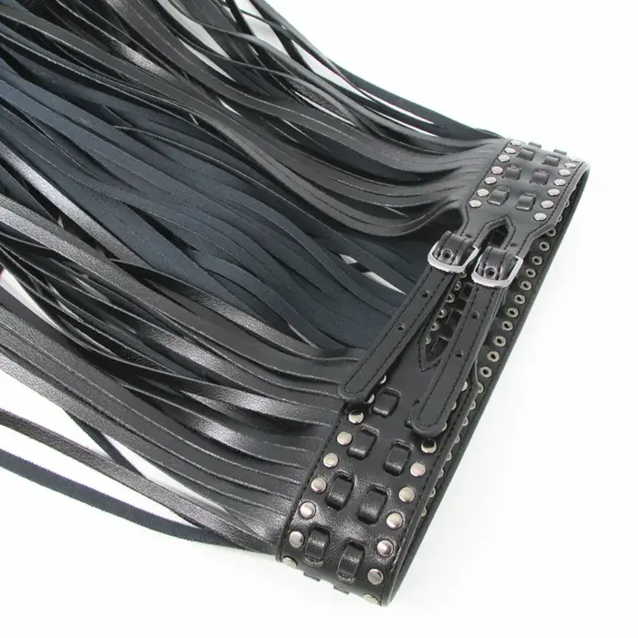 Fantastique longue frange ceinture en cuir noir ceintures de créateur pour les femmes longs glands boucle ardillon