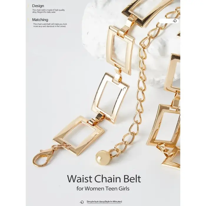 Ceinture à chaîne carrée pour femmes, chaîne de taille en métal, ceintures à chaîne à la mode pour robe or et argent
