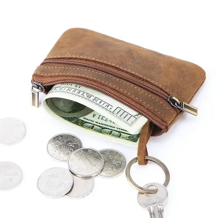 Porte-monnaie rétro en cuir véritable avec porte-clés pour hommes et femmes