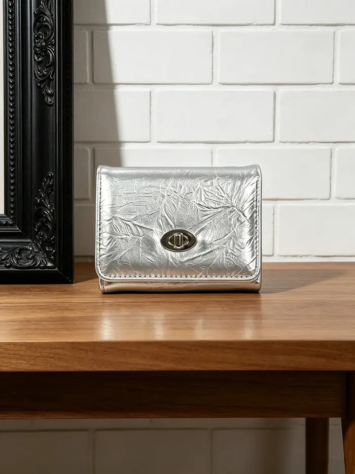 Portefeuille tri-pliant en PU argenté effet froissé + pochette escamotable