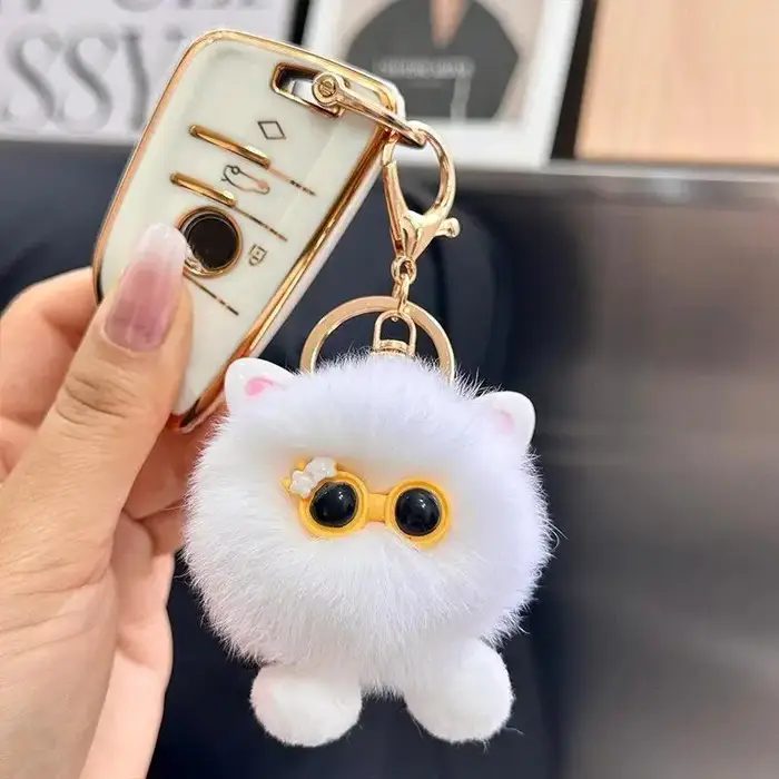 Porte-clés en peluche chaton blanc Kawaii avec lunettes, pour sac et voiture