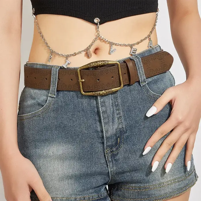 Ceinture en cuir gaufré floral marron rétro pour femme