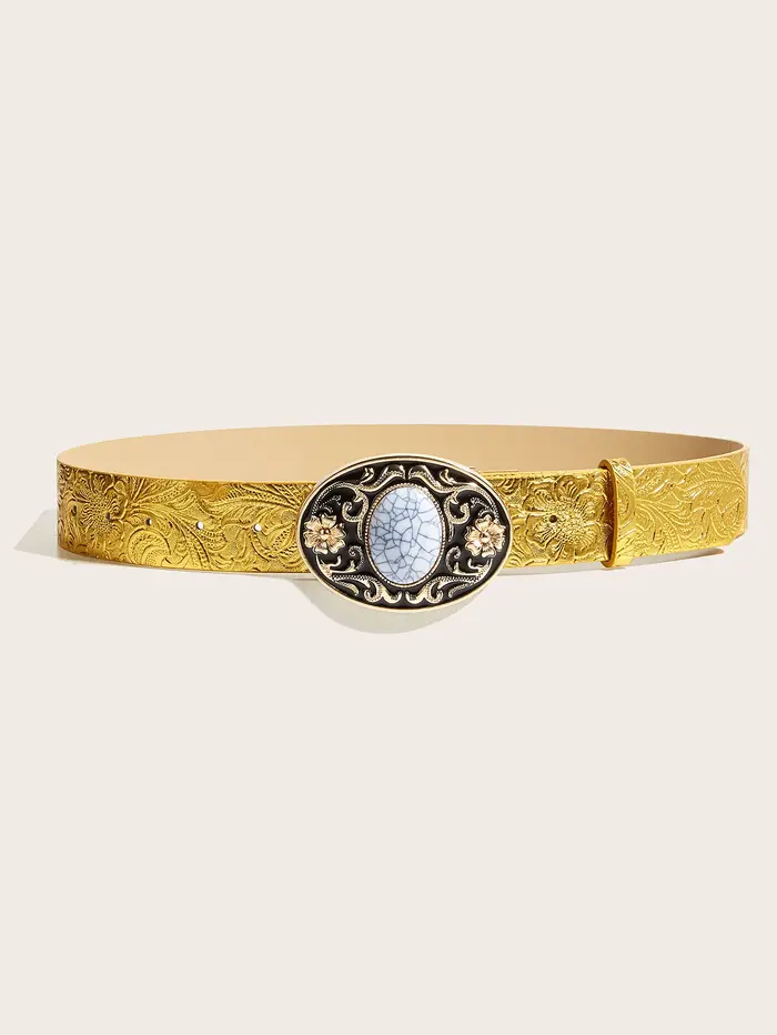 Ceinture western dorée pour femme avec boucle ovale en pierre sculptée. Style cowgirl Y2K tendance pour jeans et