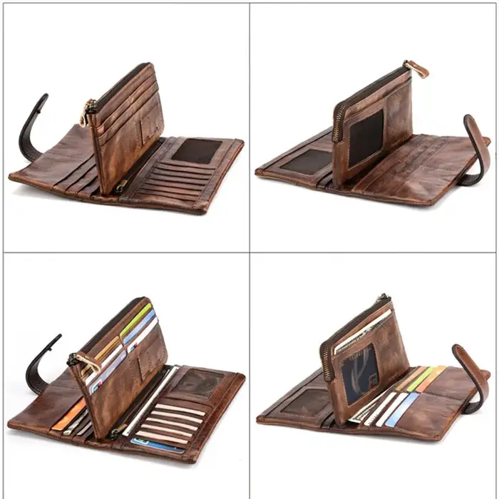 Luufan-Portefeuille long en cuir véritable vintage pour hommes et femmes