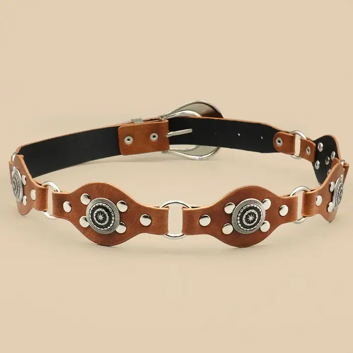 Ceinture femme vintage bohème marron – Design rivets sculptés