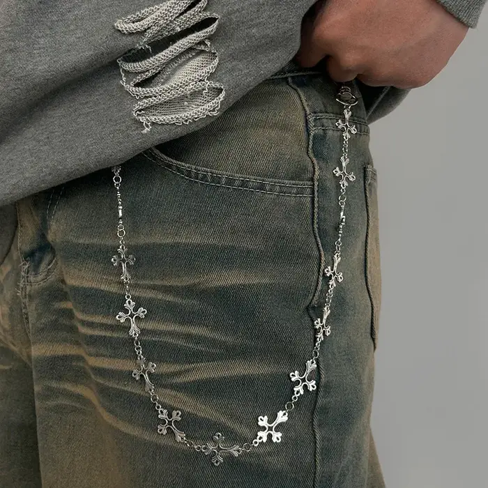 Chaîne de pantalon en jean Punk, chaîne multicouche, breloque croisée Punk, chaîne de portefeuille d