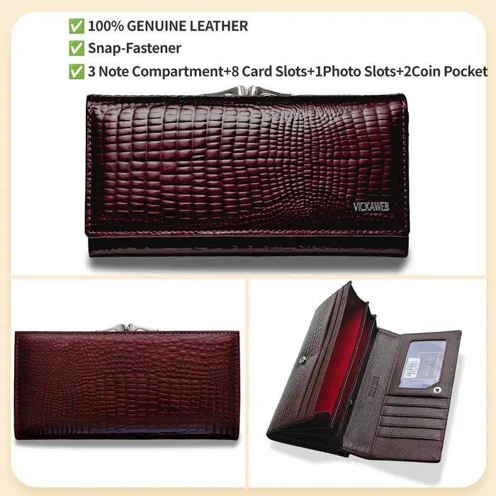 Portefeuille long pour femme en cuir véritable avec fermoir à pression