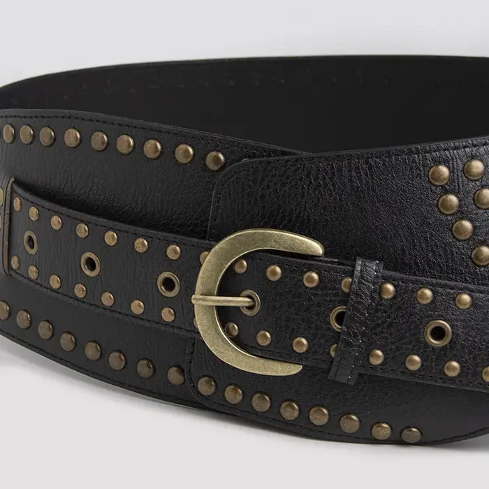 Ceinture large pour femme avec rivets rétro haut de gamme en bronze dans un style Wasteland
