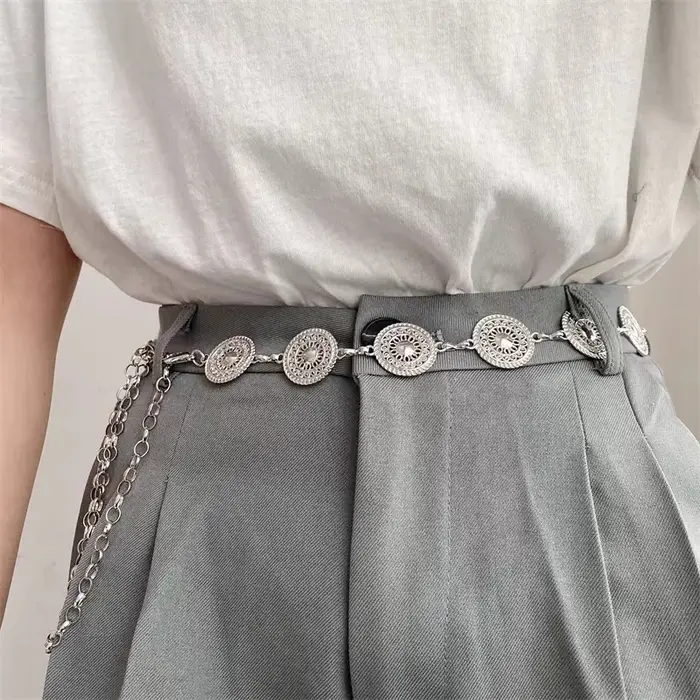 Ceinture Rétro Argentée en Cuir Fin pour Femme, Accessoire en Métal, Nouvelle Collection d'Été, pour
