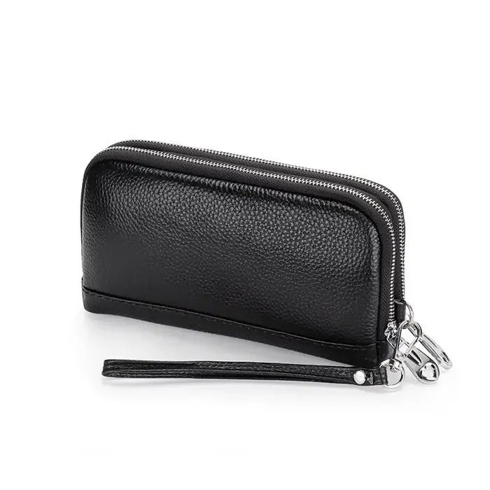 Femmes Long portefeuille en cuir véritable bracelet pochette sac à main 2 couches fermeture éclair portefeuilles