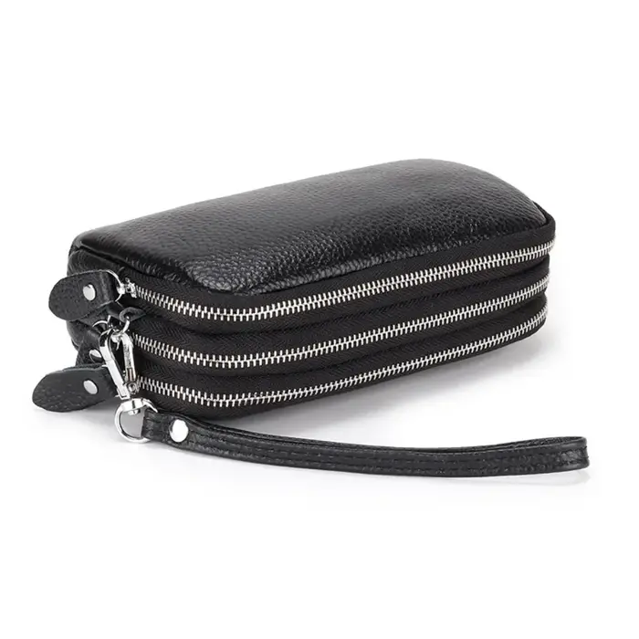 Femmes Long portefeuille en cuir véritable 3 couches fermeture éclair sac à main grande capacité bracelet pochette