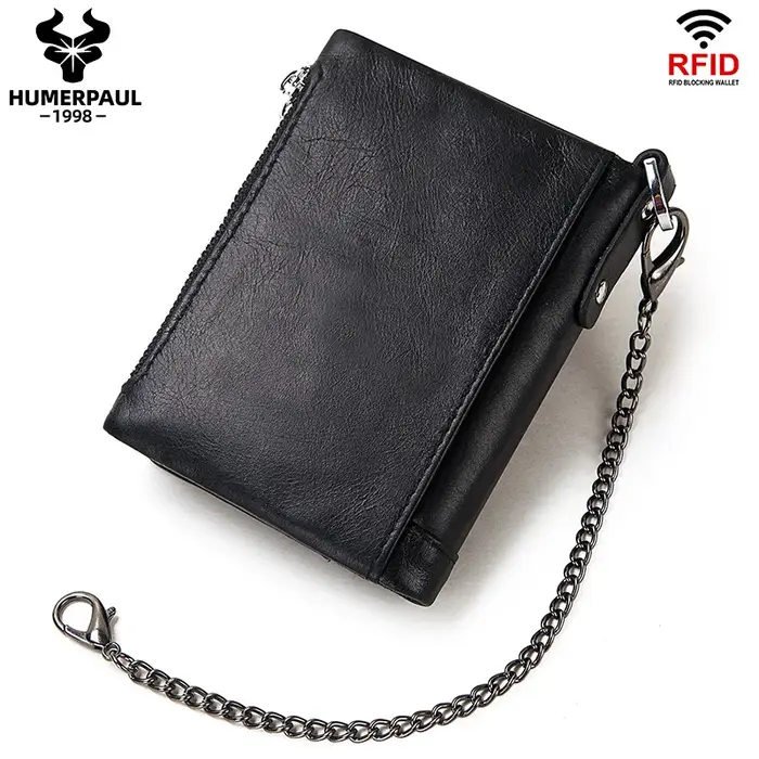 LAREET 100% portefeuille en cuir véritable avec peau de vache pour hommes porte-carte d'argent sac à main RFID court Double fermeture éclair poche à monnaie mâle à deux volets