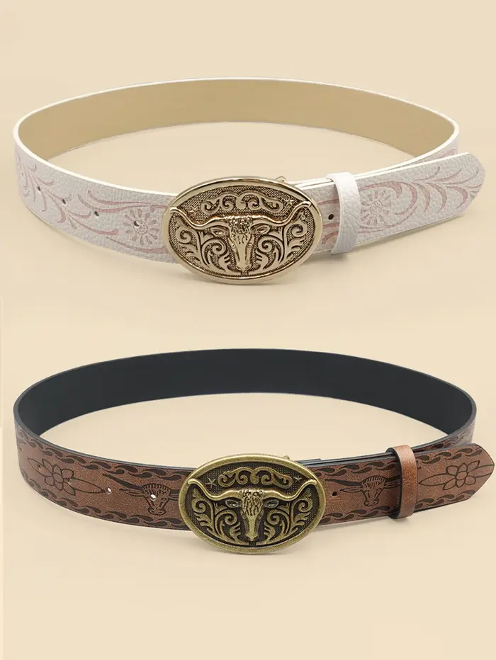 Ceinture décontractée vintage de style cowboy occidental – Boucle sculptée en tête de bœuf et imprimé bohème