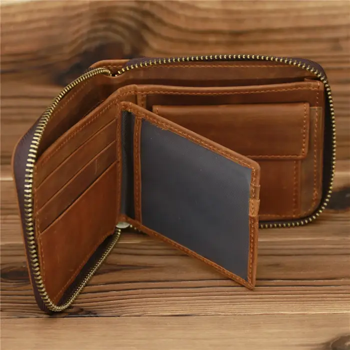 Portefeuille en cuir véritable à fermeture éclair pour hommes